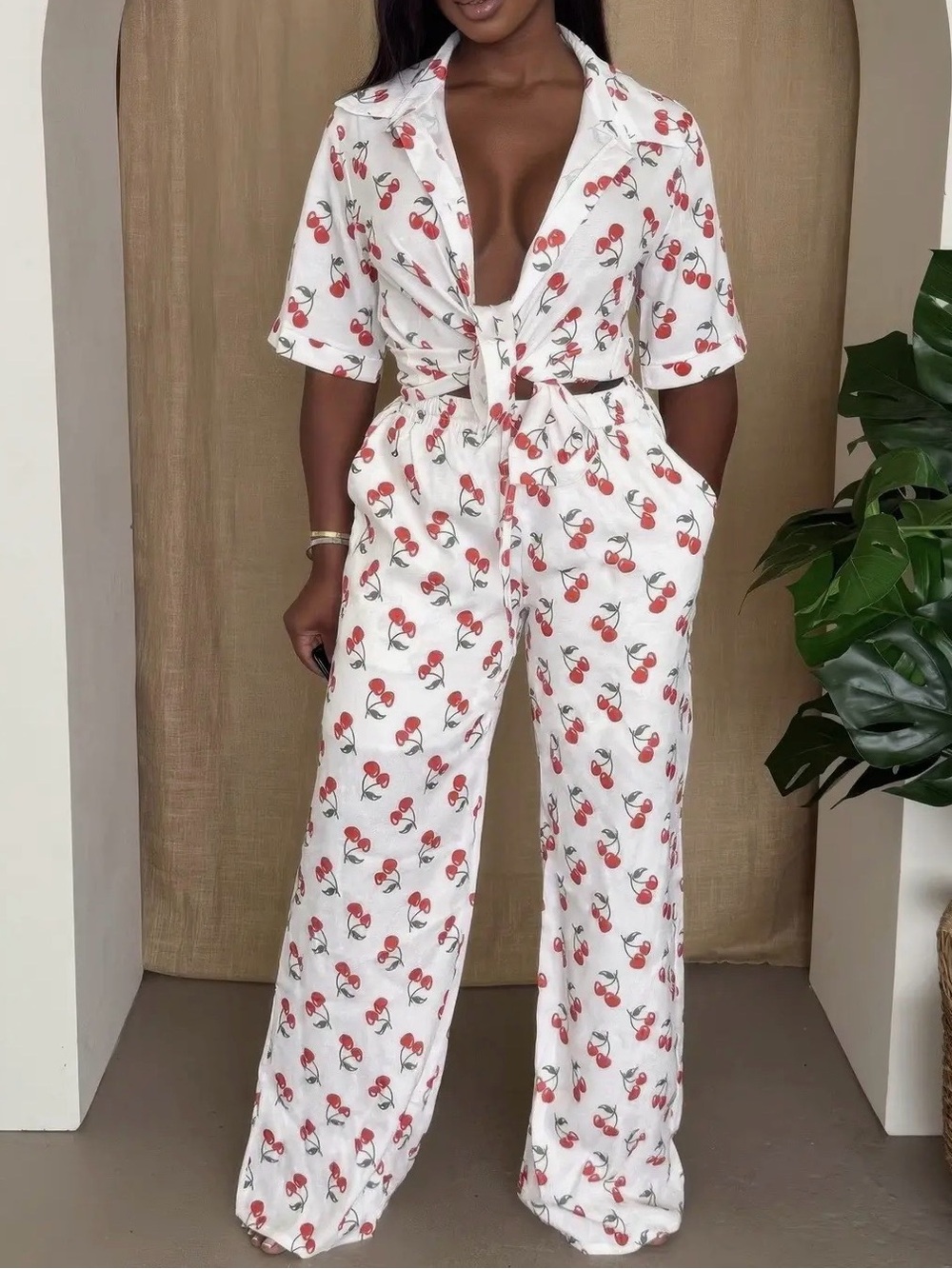 Women's White Cherry-Print set